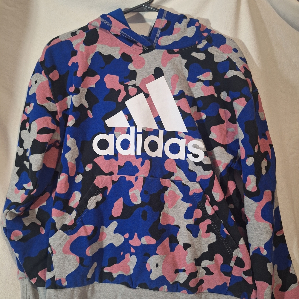 Adidas Kids Hoodie with Blue, Pink, and Gray Camo